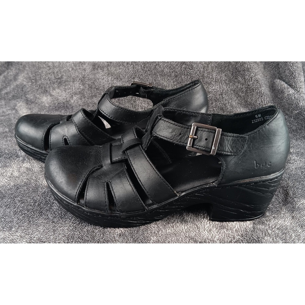 Born boc Black Leather Wedge Mary‎ Jane Cutout Sandals Women Size 6M - Picture 4 of 9